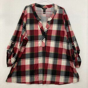 Ali Miles size 3X Multi Color Plaid Split Neck Soft Rolled Sleeve Popover Blouse